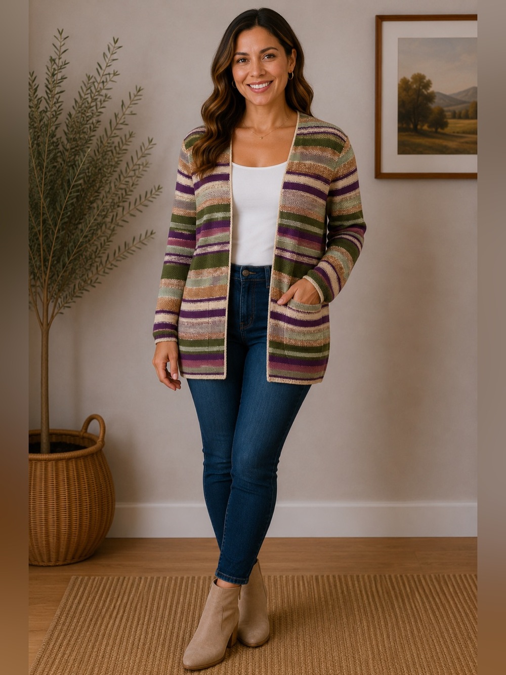 Coldwater Creek Open-Front Striped Cardigan Sweater - Green/Purple/Tan Xsmall